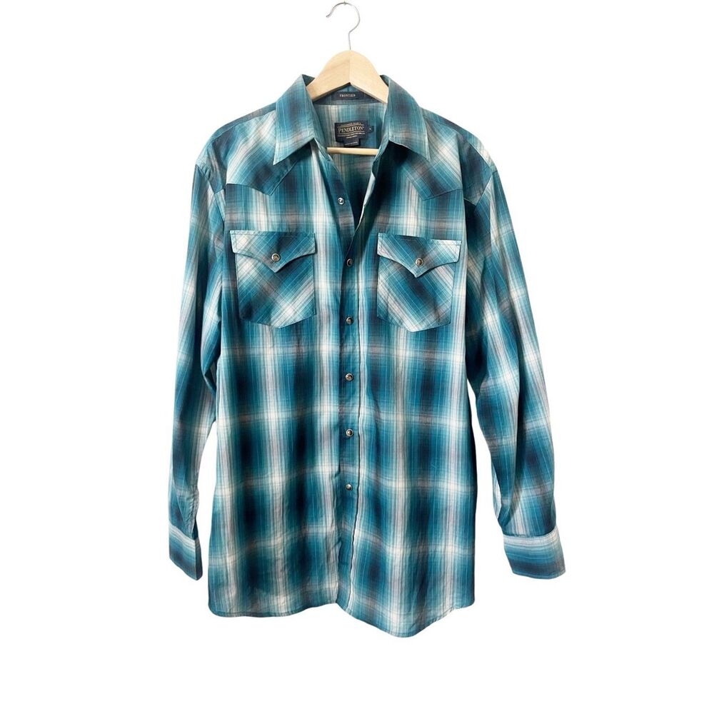 Pendleton Frontier Blue Plaid Snap Down Collared Long Sleeve Shirt Large